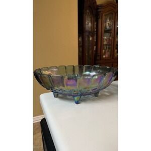 Vintage‎ LG Iridescent Blue Indiana Carnival Glass Footed Oval Fruit Bowl 12"